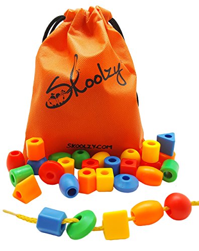 30 Jumbo Toddler Lacing & Stringing Beads with String & Tote by Skoolzy - Montessori Preschool Fine Motor Skills Toys for Occupational Therapy and Autism OT