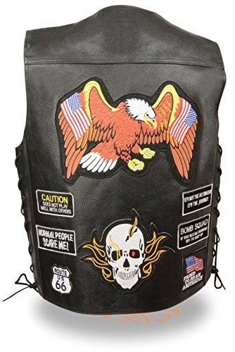 Men's Motorcycle Classic PRE- Patches Real Leather Vest Side Laces Black New (2XL)