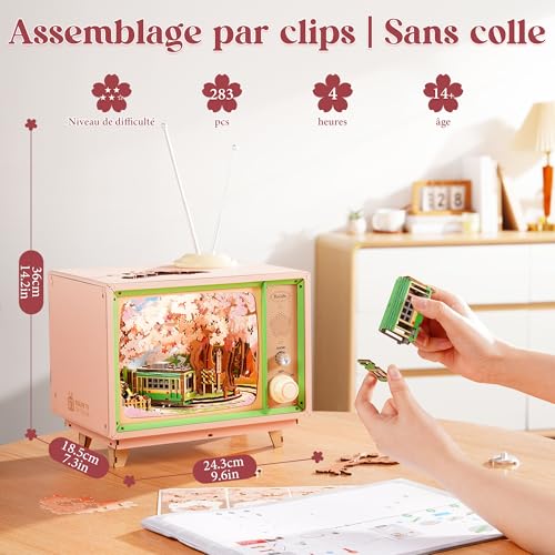 Rolife 3D Anime Sakura Tram TV Decor Jigsaw Puzzle Wooden Model 283 Pieces - Wooden Model Building with Mobile Tram & LED, Cherry Blossom Scene, Gift for Construction & Home