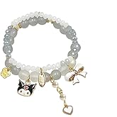 Kawaii Bracelets Kuromi Bracelet Cinnamoroll Crystal Beads Bracelet Set Cute Cartoon Elastic Beaded Pearl Bracelets Jewelry Christmas Stocking Stuffers for Women Bff Friendship (Grey)