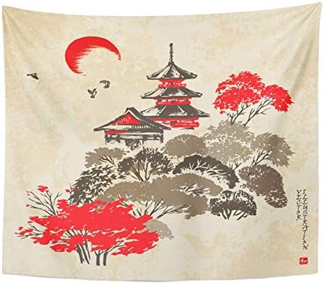 SSKBJTBDW Pagoda in The Autumn Forest Traditional Japanese Sumi E on Vintage Watercolor Tapestry Soft Polyester Cotton Appropriate Size Nice Wall Hanging Decoration