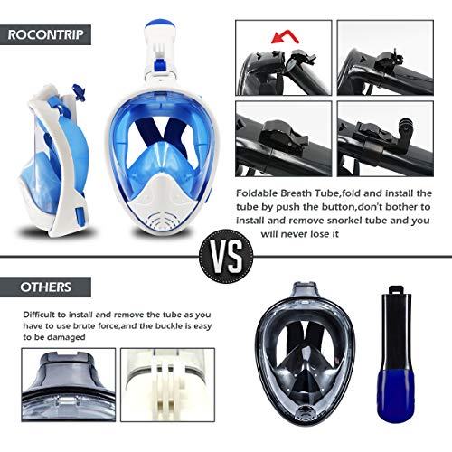 ROCONTRIP Full Face Snorkel Mask, Free Breathing 180° Panoramic View Diving Mask, Anti-Fog Anti-Leak and Adjustable Head Strap Snorkeling Mask for Men Women Adult (White Blue Foldable, L/XL) - Thumbnail 3