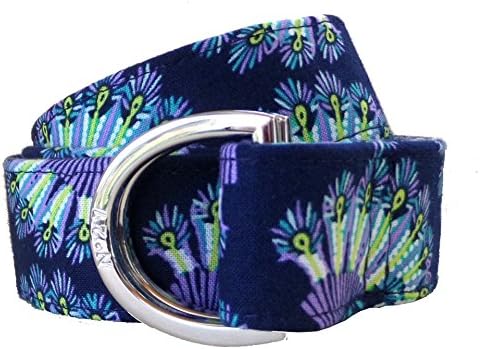 No27 Womans Navy Peacock Feather Pattern Fabric Belt, D-Ring Belt, Womans and Girls Peacock Feather Belt