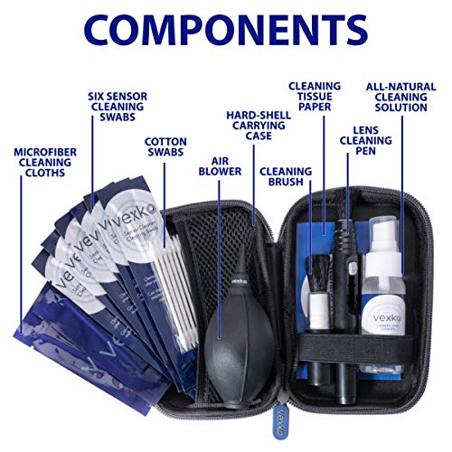 Vexko Kamera-Reinigungsset für DSLR-Kameras - Reisetasche + Kameraobjektiv-Reinigungstücher + Mikrofaserreinigungstücher + Luftgebläse + Sensor-Reinigungstücher + Tupfer + Linsenstift + Bürste – Bild 3