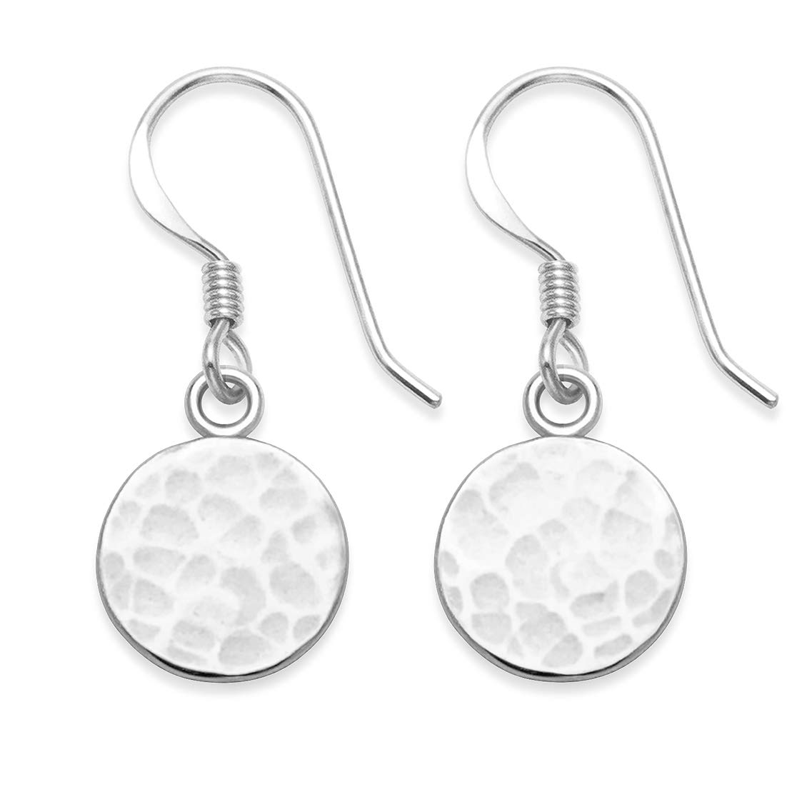 Sterling silver hammered finish Earrings - planished round drop Earrings - disc shaped dangly earrings -SIZE: 10mm (plus 14mm ear wires). Branded gift box.6349