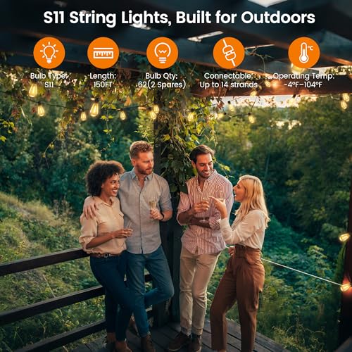WOWLUMEN 150FT Outdoor String Lights, 62 Tear-drop LED Filament Bulbs, 2200K Cozy Warm, Connectable Hanging Lights for Outside, Shatterproof Waterproof for Patio Backyard Porch Garden Bistro UL Listed