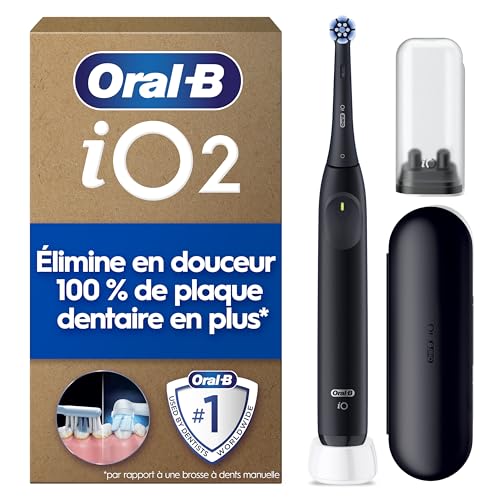 Oral-B Brosse A Dents Electrique iO 2 Noire, 3 Modes De Nettoyage, Brossage Souple Et Silencieux, Capteur De Pression, Brossette Oral B De Rechange, Chargeur, Etui De Voyage, Emballage En Carton