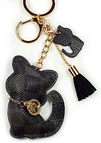 PU Leather Bear Cat Giraffe Dog Keychain Check Canvas Patten Textile Tassel Handbag Key Charm Ring Pendant Chain