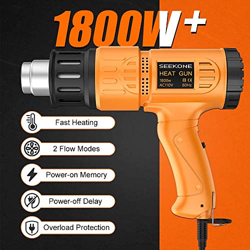 Heat Gun, SEEKONE 1800W Hot Air Gun Kit with Large Digital LCD Display Variable Temperature (120°F-1100°F) Memory Settings and Four Nozzles for Paint Remover/Stripper, Home Improvement/Restoration