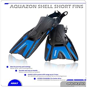 Schnorchelmasken 51zV7W%2BvGNL. SS300 AQUAZON SHELL, Kurzflossen Trainingsflossen, Schwimmflosssen, Reiseflossen, Schnorchelflossen grössenverstellbar mit Free Heel System, Sehr robust für Erwachsene Männer und FrauenUnser Modell SHELL ist eine professionelle, fersenfreie, verstellbare Kurzflosse, die sehr gut zum Bodyboarden, Tauchen, Schnorcheln, Schwimmen oder zum Unterwasserrugby geeignet ist. Durch das Verstellsystem hat die ganze Familie Spaß an dieser Flosse ! Sie verfügt über ein QUICK FIX System, mittels dessen kinderleicht ein Bereich von ca. 5 Schuhgrößen variabel eingestellt werden kann. Das QUICK Fix System ist sehr robust und professionell ausgelegt. Bei dem im Fußbereich eingesetzten THERMORUBBER handelt es sich um ein hochelastisches, sehr anschmiegsames Material. Die Flosse lässt sich daher sehr einfach und bequem an- und ausziehen. Die Flosse eignet sich aufgrund des kürzeren Flossenblattes und der daraus resultierenden kompakten Größe und dem geringen Gewicht auch sehr gut als Urlaubs- und Reiseflosse. Professionelle, robuste, grössenverstellbare Kurzflosse mit hervorragendem Preis-/Leistungsverhältnis. Sehr gut zum Bodyboarden, Tauchen, Schnorcheln, Schwimmen oder zum Unterwasserrugby geeignetLeicht zu bedienendes, hochwertiges QUICK FIX Verstellsystem, die Trainingsflosse ist dadurch in einem Grössenbereich von bis zu 5 Schuhgrössen einstellbar Ferse freiliegend (Free Heel System) , die Kurzflosse ist daher im Wasser sehr feinfühlig steuerbar und weniger belastend für Fussgelenke. Aufgrund des kompakten Maßes ideal als ReiseflosseDas Flossenblatt der Flosse ist aus AQUAFLEX gefertigt, einem leichten und zugleich reaktiven Material, das mit Flexrubbereinlagen für eine verbesserte Hydrodynamik versehen istAllgemeine Warnhinweise: Achten Sie immer darauf, nicht zu weit zu schwimmen, die Rückkehr zum Ufer könnte Sie überfordern. Bitte atmen Sie niemals mehr als 3 mal tief ein, bevor Sie tauchen, das könnte zu einer Hyperventilation führen, sodass Sie