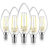 Ascher E12 LED Classic Candelabra Clear Light Bulbs, Equivalent 40W, Daylight White 5000K, Filament Clear Glass, Non-Dimmable, Pack of 5