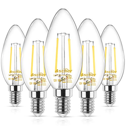 Ascher E12 LED Classic Candelabra Clear Light Bulbs, Equivalent 40W, Daylight White 5000K, Filament Clear Glass, Non-Dimmable, Pack of 5