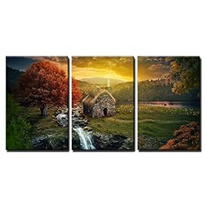 3 Piece Canvas Wall Art - Beautiful Nature Scene with Cottage in The Mountains Near a Stream. - Modern Home Art Stretched and Framed Ready to Hang - 16"x24"x3 Panels