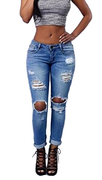 iRachel Damen Jeans Hose röhre mit löchern Loch Bleistifthose Hose Denim Dünn Ripped Loch Bleistift Hose