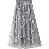 SUNYUESTAR Womens Floral Midi Skirt High Waisted A Line Cute Layered Fairy Mesh Tulle Pleated Skirt