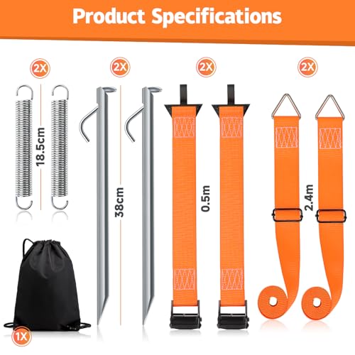 Storm Strap for Awning & Awning - 5 cm Wide Webbing, 38 cm Ground Anchor, Storm Protection Awning, Storm Bands for Awnings, Guy Straps Awning Motorhome, Guy Ropes Camping with S-Hooks and T-Connectors