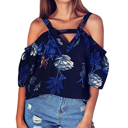 Click Here to See More Images NREALY Fashion Casual Women V-Neck Short Sleeve Strapless Print Tops Blouse Camis Shirt(Blue ,X-Large