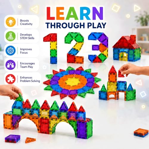 156PCS Magnetic Tiles STEM Building Toys Set with 2 Cars, Sensory Stacking Magnetic Blocks for Toddlers & Kids, Ideal for Preschool Montessori Toys Christmas Birthday Gifts for Boys & Girls Ages 3+
