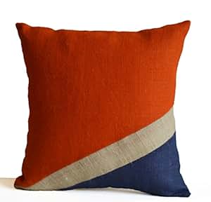 Amazon.com: Burlap Throw Pillow Cover -Orange Beige Navy ...
