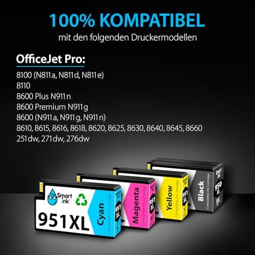 Smart Ink Compatible Printer Cartridges to Replace HP 950XL 951XL 950 XL 951 XL 4 Multipack (Black & Cyan Magenta Yellow) Cartridges High Yield for HP Officejet Pro 8100 8600 8615 8616 8620 8640