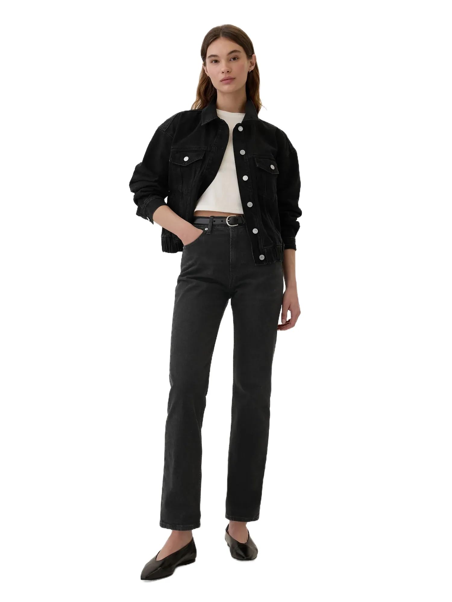 GAP Womens High Rise Straight Fit Denim Jeans Washed Black 32 REG