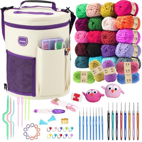 MIAOKE Crochet Kit, Crochet Kit for Beginners, 25 Crochet Yarn and 16 Different Sizes Crochet Hooks Set for Beginners, Include Stitch Markers, Thimble, Yarn Needles in Crochet Storage Beige Bag