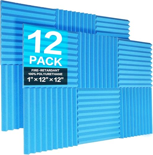 JBER 12 Pack Acoustic Foam Panels, 1" X 12" X 12" / 2.5 X 30 X 30cm Studio Soundproof Wedge-Shaped Fireproof Soundproof Liner Acoustic Treatment Foam (Blue)