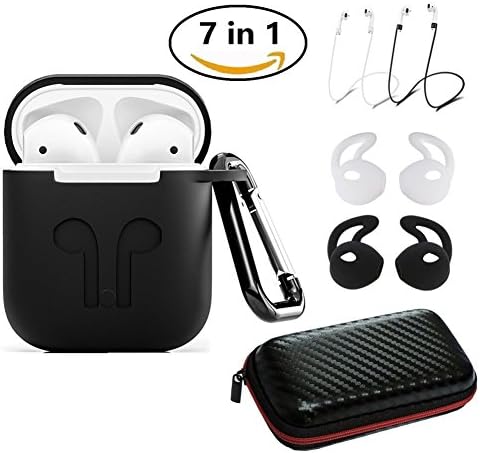 AirPods Case,7 In 1 Airpods Accessories Protective Silicone Cover and Skin for Apple/iPhone Airpod Charging Case with Earpods Earhook/Anti-lost Staps/Clips/Keychain/Zipper Box (Black)-Jeselry