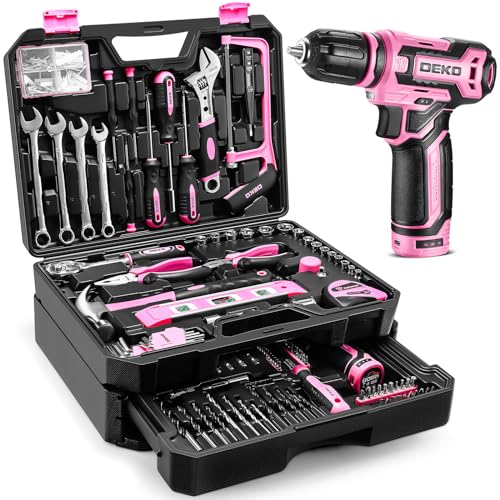 Pink Tool Kit Box Drill Set: DEKO 238 Pieces Home Mechanic Toolbox with 12V Power Cordless Drill Hand Repair Tools Sets Combo Kits Storage Organizer Drawer Case for Women