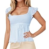 FWSAM Women Trendy Square Neck Cap Sleeve Peplum Top Y2k Lace Up Layered Lettuce Trim Flared Ruffle Hem Tee Shirt