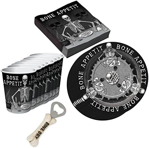 Adult Halloween Party Supplies: Skeleton Beer Opener, Plates, Party Cups, Beverage Napkins Serves 8