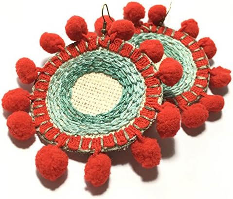 Bohemian fabric Earing handmade unique jewelry circle Red