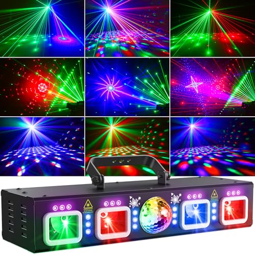 KeoBin Discolicht Partylicht Musikgesteuert, DJ Disco Licht mit DMX 512, Stroboskop, Fernbedienung, Partylicht Mit Discokugel Lichteffekte für Familie
