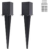 2 Pcs 4 "x 4 "Fence Post Anchors Ground Spike (Actual 3.6 ” X 3.6”)，Heavy Duty Metal Fence Stakes Post Base 22'' with Black Powder Coated Support for Mailboxes, Fences, Trellis Posts, Banners.