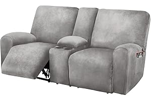 ULTICOR Reclining Love Seat with Middle Console Slipcover, 8-Piece Velvet Stretch Loveseat Reclining Sofa Covers, 2 seat Loveseat Recliner Cover, Thick, Soft, Washable, Loveseat Slipcovers (Light Grey)