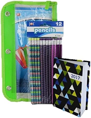 2017 Calendar &amp; 3 Ring Pencil Pouch Bundle: (1) Eco Friendly, Clear Window Neon Green Zipper Bag; (1) Floral 2017 Planner; (12) #2 Pencils Travel, Office, School, Arts and Craft, Purse, Cables (GREEN)