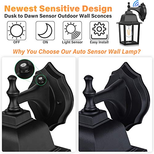 Dusk to Dawn Sensor Outdoor Wall Lanterns, Exterior Wall Sconce Fixture with E26 Base LED Bulb, Wall Mount Lights Anti-Rust Waterproof Matte Black Wall Lamp with Clear Glass Shade for Garage Doorway