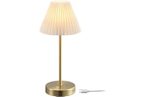 GLOBE Electric 61000140 14" Rechargeable LED Integrated Table Lamp, Matte Brass, Rechargeable, Pleated Fabric Shade, USB-C Charging Cable, 3-Step Push Button Dimmer Switch, 1.8 Watt, 150 LM, 3000 K