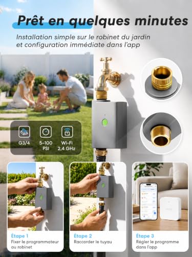 meross Programmateur Arrosage WiFi avec Smart Hub, Arrosage Automatique pour Jardin, App & Commande Vocale, Pause Pluie, Suivi Conso d’Eau, Raccords en Laiton, IP65, Alexa, Google et Apple Home, Gris