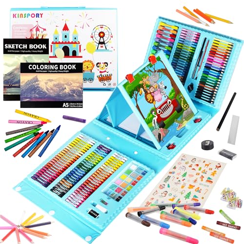KINSPORY Art Supplies, 290 Pack Art Sets Crafts Drawing Coloring kit, Double-Side Trifold Easel, Oil Pastels, Crayons, Colored Pencils, Creative Gift for Beginners Artists Girls Boys Kids (Blue)