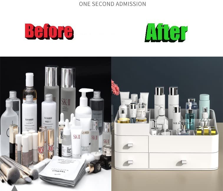 Queta Makeup Organizer Large Makeup Organizer with 3 Drawers, Makeup Box Suitable for Jewelry, Brushes, Lipstick and Creams with 8 Compartments Capacity