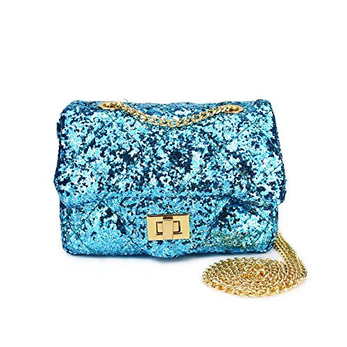 CMK Trendy Kids Quilted Shinning Glitter Kids Crossbody Handbags for Girls with Metal Chain (15cm(L) x 7.5cm(W) x 9cm(H), Glitter blue bag)