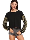 ROMWE Women's Sweater Shimmer Glam Sequin Embellished Sparkle Sleeve Sweatshirt Top Black