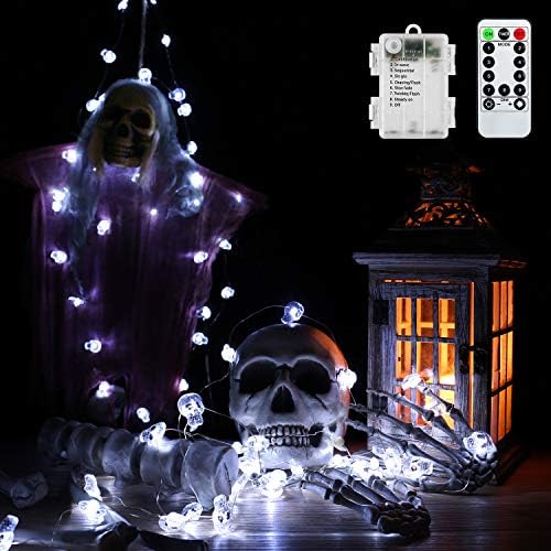 Brizled Halloween Skull String Lights, 40 LED Halloween String Lights Battery Powered, 13.85ft 8 Modes Halloween Lights with Remote & Timer for Outdoor Indoor Halloween Party Decorations, Cool White