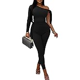 ECHOINE Sexy One Off Shoulder Jumpsuits For Women Long Sleeve Bodycon Rompers One Piece Outfits