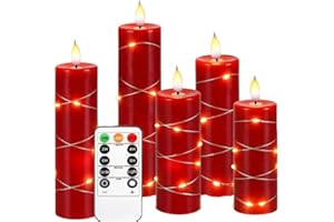 Upinmz Red Flickering Flameless Candles with Embedded String Lights, Battery Operated Candles with Remote Control and Timer,F