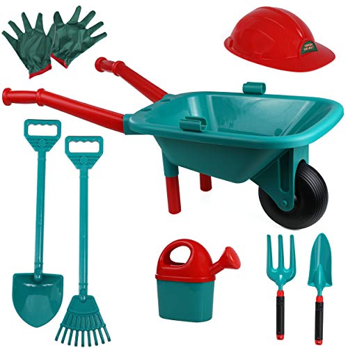 High Bounce Kids Plastic Wheelbarrow with Garden Accessories- Gardening Gloves, Watering Can, Shovel, Hoe, Rake, Fork and Hat