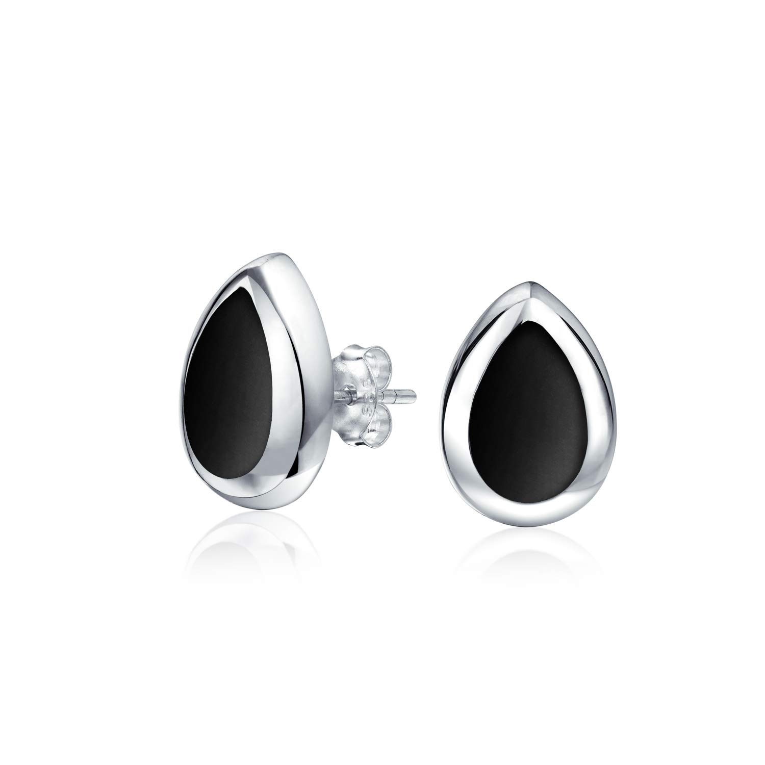 Simple Semi Precious Gemstone Teardrop Pear Shaped Black Onyx Bezel Set Stud Earrings For Women .925 Sterling Silver
