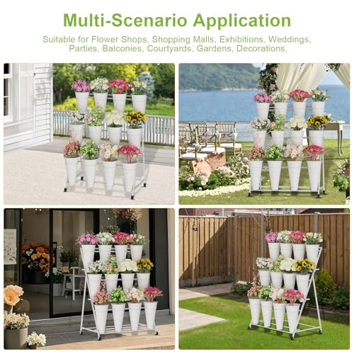 Flower Stand, 3 Tier Flower Display Stand with 12 Buckets, Upgrade Double Circle No Shaking, Outdoor Flower Cart with Wheels for Home, Patio, Garden, Shop, Wedding, Party, Exhibition, Indoor, White (White)