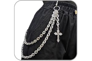 ANGLEQUEEN Punk Layered Pants Chain for Men Women, Silver Heart Cross Rivet Tassel Wallet Chains, Hip Hop Pocket Chains, Goth Jewelry Key Chain Wallet for Men